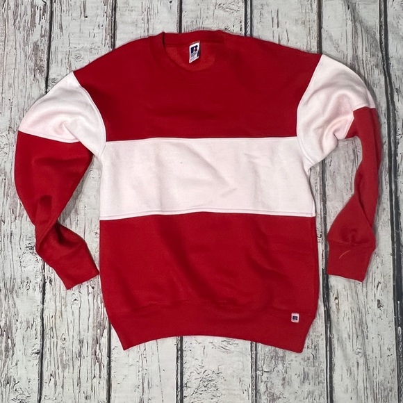 Vintage Russell Athletic Sporty Crewneck 1980s Red and White Sweater Sweatshirt - Picture 1 of 4
